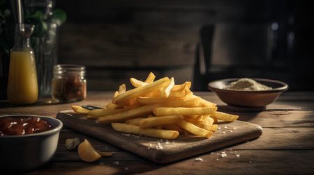Golden French fries potatoes with ketchup and mayonnaise on rustic wooden backgroundの素材