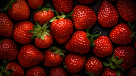 Strawberries background. Top view of fresh ripe red strawberries.の素材