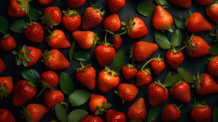 Strawberries on a dark background, top view, flat layの素材