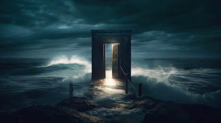 Surreal scene with door leading to the ocean. 3D renderingの素材