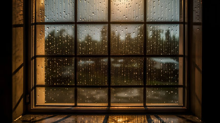 Window with raindrops on the glass and city view in the backgroundの素材