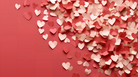Valentine's day background with red and white paper hearts.の素材