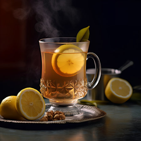Cup of hot tea with lemon and nuts on dark background.の素材
