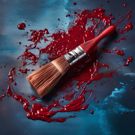 Paint brush with red paint splashes on a blue background.の素材