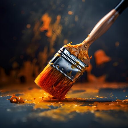Paint brush with orange paint on a black background, close upの素材