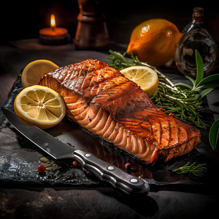 Grilled salmon with lemon and rosemary on a black background.の素材