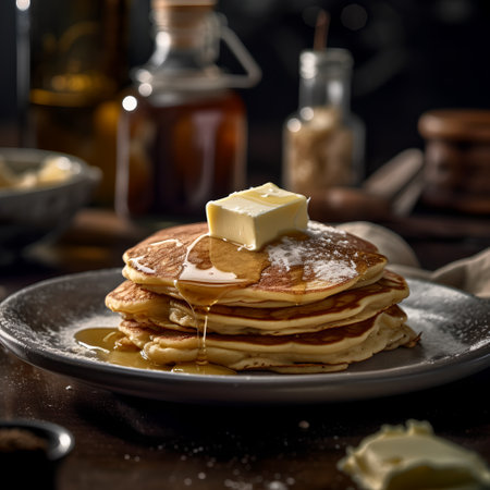 Pancakes with butter and honey on a dark wooden background.の素材