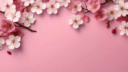 Pink cherry blossoms on pink background. Top view with copy spaceの素材