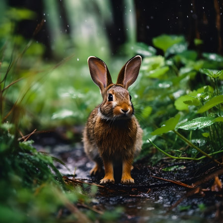 Cute brown hare standing in the rain in the forest.の素材
