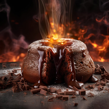 Chocolate bundt cake with melted chocolate on a dark background.の素材