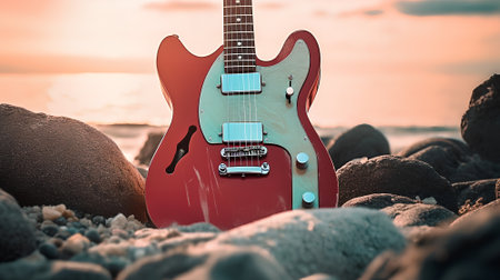 Red electric guitar on the beach. Vintage style toned picture.の素材