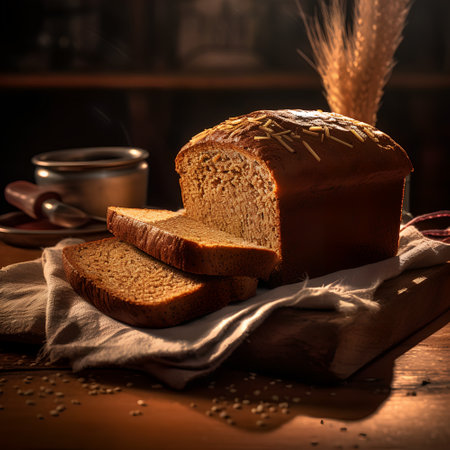 Whole wheat bread with a cup of coffee on a wooden tableの素材