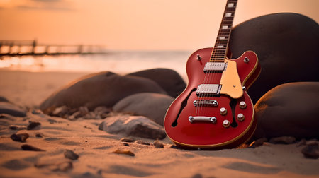 Red electric guitar on the beach at sunset. Vintage style toned pictureの素材