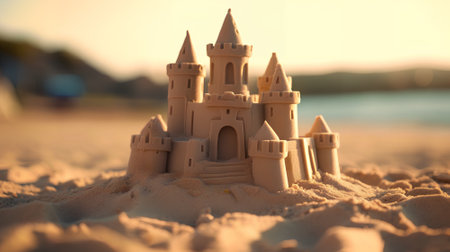 Sand castle on the beach at sunset. Summer vacation and travel conceptの素材