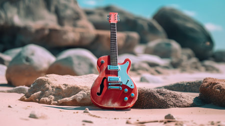 Red electric guitar on the beach. Close-up. Selective focus.の素材