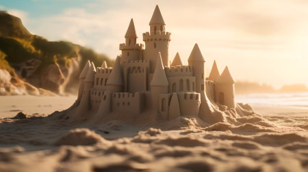 Sandcastle on the beach at sunset. 3d render illustration.の素材