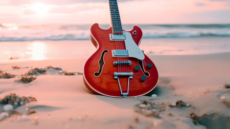 Red electric guitar on the beach at sunset. Close-up, shallow depth of field.の素材