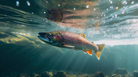 Rainbow trout swimming in the water with sun rays shining through itの素材