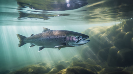 Rainbow trout swimming in the water. Close-up view.の素材