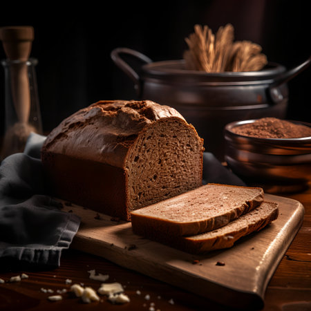 Sliced rye bread on cutting board. Dark rustic background.の素材