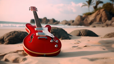 Red electric guitar on the beach at sunset time. 3d renderingの素材