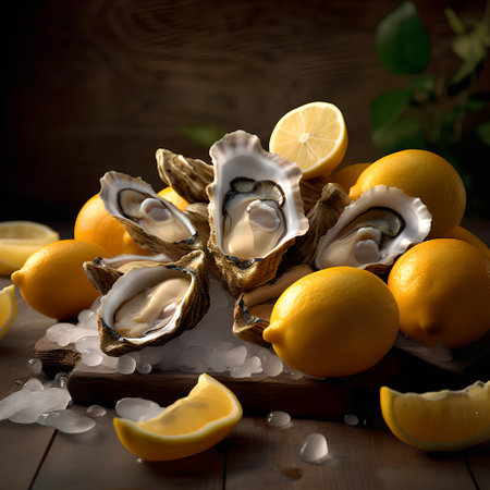 Fresh oysters with lemon and ice on wooden table, closeupの素材