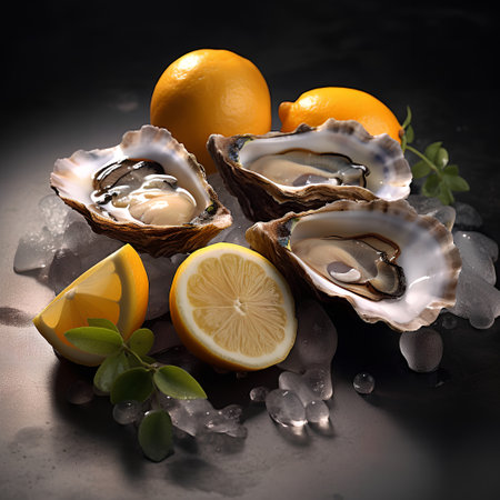 Fresh oysters with lemon and ice on black background, closeupの素材