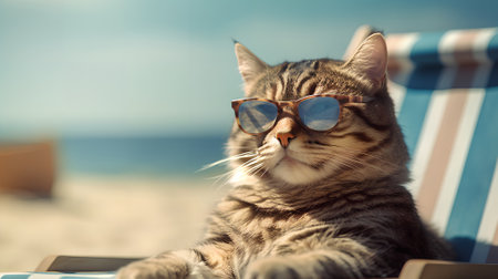 Cute cat wearing sunglasses on the beach. Selective focus.の素材