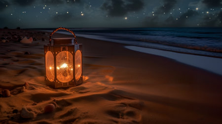 lantern in the sand on the beach at night. 3d renderingの素材