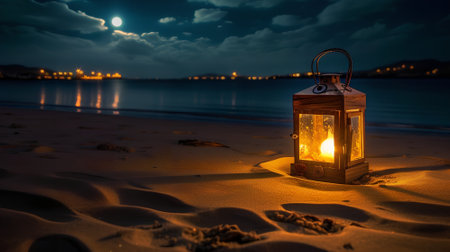 Lantern on the beach at night with moonlight in the backgroundの素材