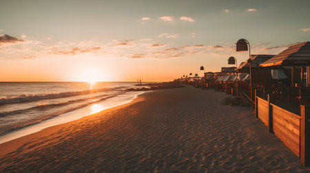 Sunset on the beach with umbrellas and sunbedsの素材