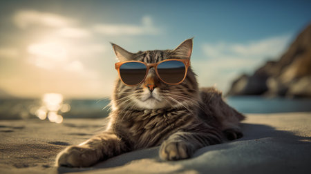Portrait of a beautiful cat in sunglasses on the beach at sunsetの素材