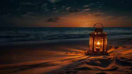 Lantern on the beach at night. Ramadan Kareem.の素材