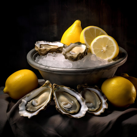 Fresh oysters in a bowl with lemon on a dark wooden backgroundの素材