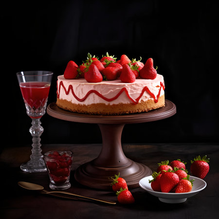 Strawberry cake decorated with fresh strawberries on a dark background.の素材