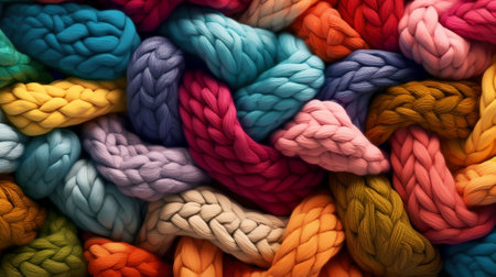 Colorful knitted braids as a background. Close-up.の素材