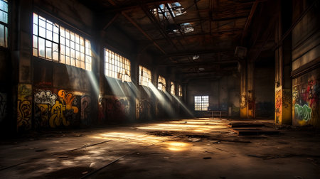 abandoned industrial building in the dark with sunbeam and smokeの素材