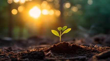 Green sprout growing from seed on fertile soil with sunlight in the morningの素材