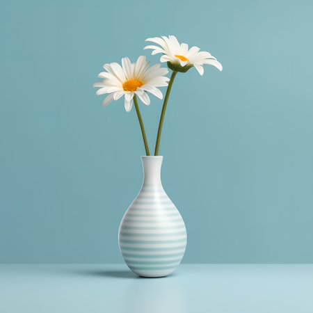White daisies in vase on blue background. 3d renderの素材