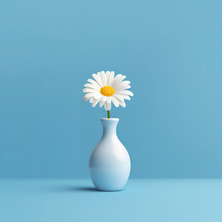 White daisy flower in vase on blue background. Minimal concept. 3d renderの素材