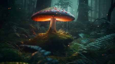Fantasy landscape with fly agaric mushroom in the dark forestの素材