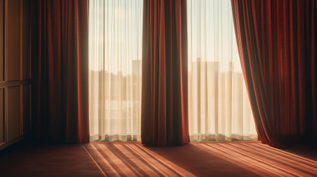 Curtain with red curtains in a room. 3d rendering.の素材