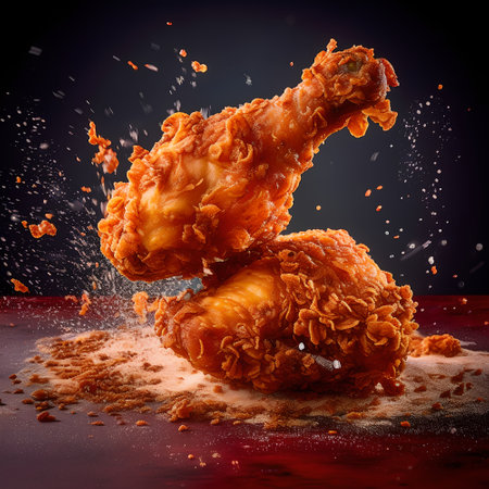 Fried chicken wings with splashes of juice on a black backgroundの素材