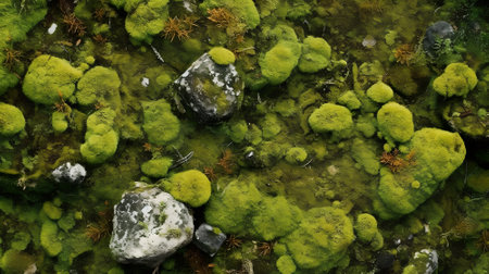 Green moss in the water, closeup of photo, natural backgroundの素材