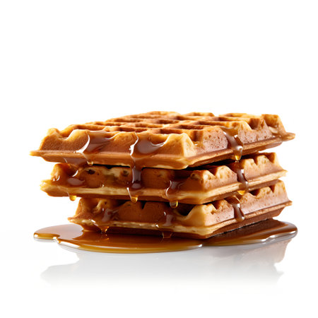 Stack of waffles with chocolate syrup isolated on a white background.の素材