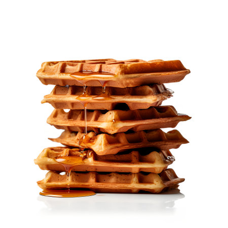 Stack of belgian waffles with caramel syrup isolated on white backgroundの素材