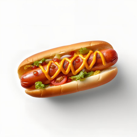 Hot dog with mustard and ketchup on white background, top viewの素材