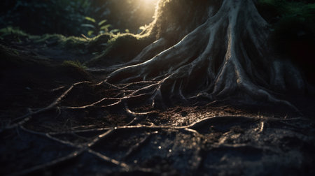 The roots of the tree in the forest. Abstract nature background.の素材
