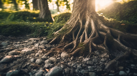 Close up of a tree roots in the forest. Nature background.の素材