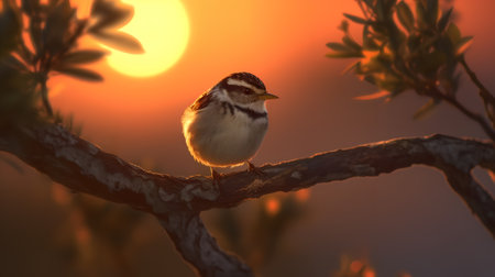 Sparrow on a branch at sunset in the mountains, Russiaの素材